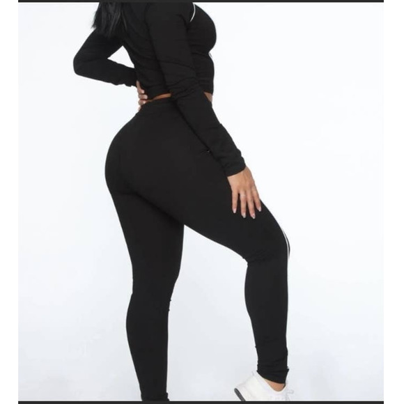 Fashion Nova Black Double White Striped Casual Active High Waisted Leggings - Picture 5 of 15